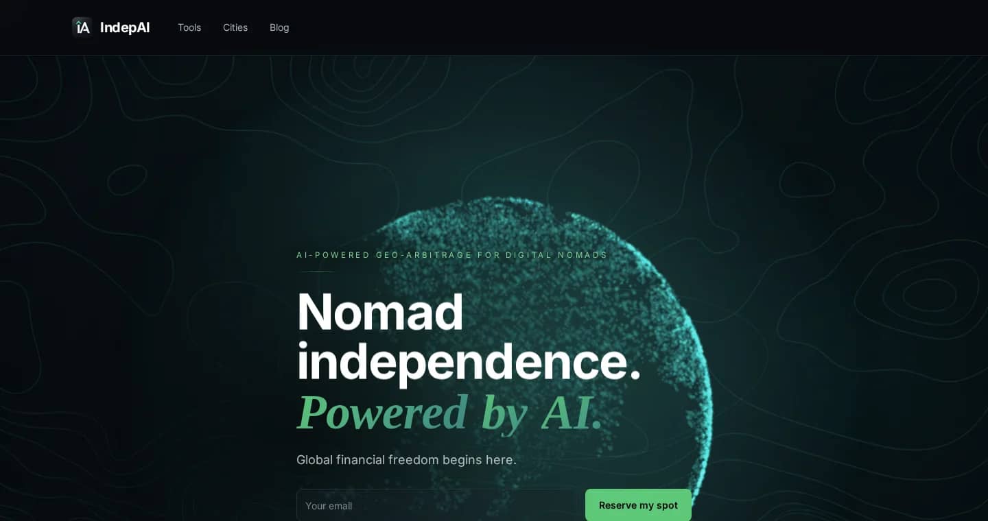 IndepAI product home page screenshot with AI finance positioning.